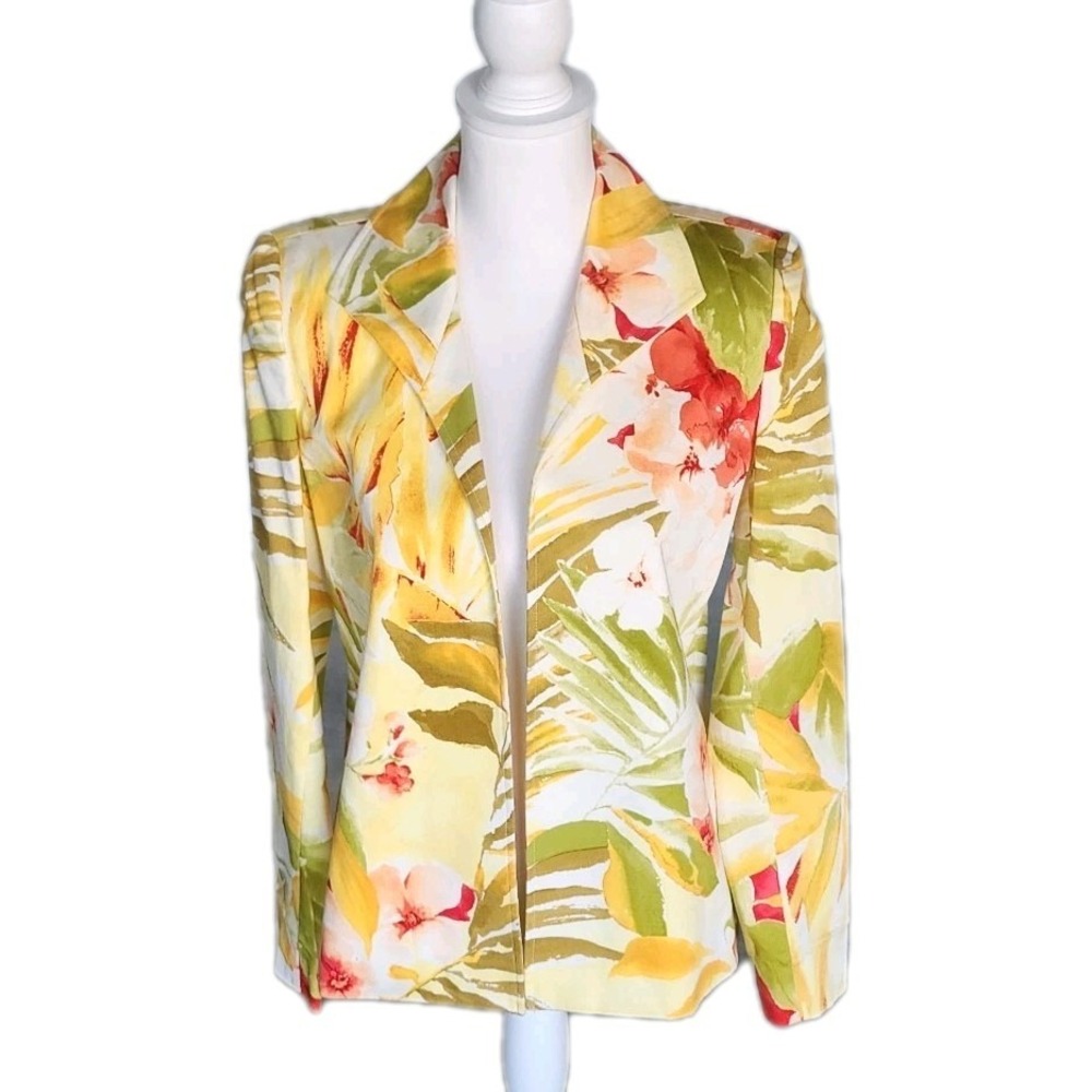 Linda Allard Ellen Tracy Open Front‎ Blazer Womens 2 Yellow Floral Jacket Cotton